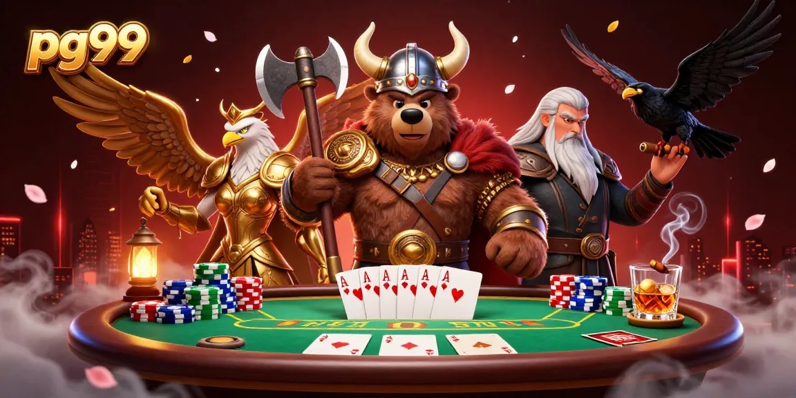 Engage in thrilling poker gameplay at pg99 with a vivid 3D casino scene depicting a Viking bear and Valkyrie.