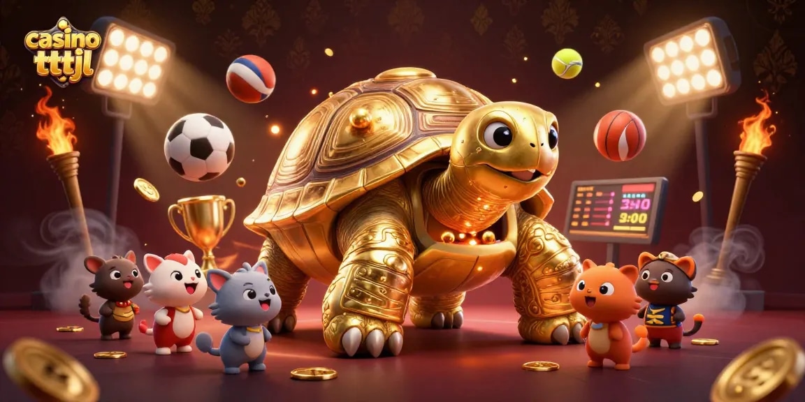 Experience the excitement at casino tttjl with a golden tortoise pinball machine surrounded by sports elements.