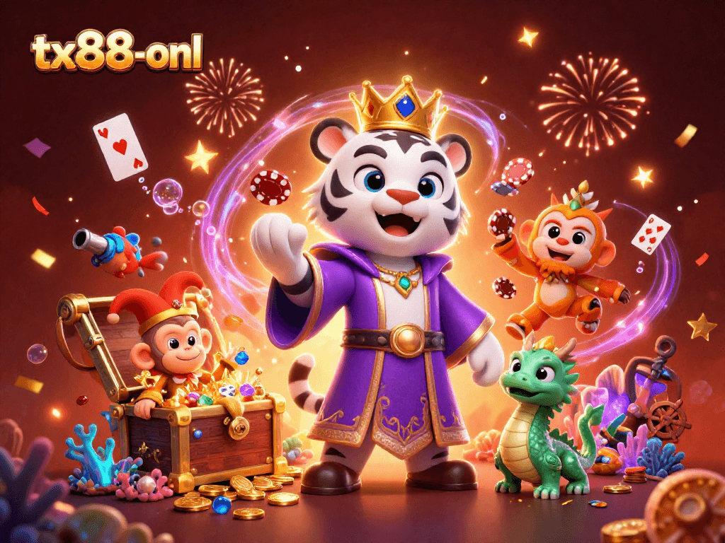 Experience the thrill with tx88-onl featuring a majestic tiger, monkey juggling chips, and vibrant casino elements.