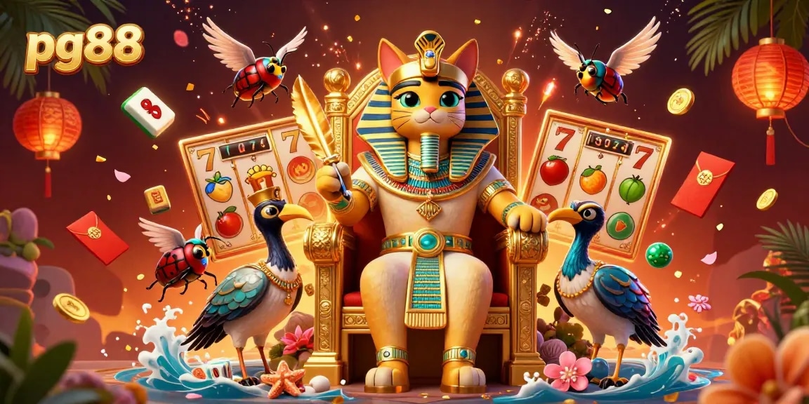 Play exciting games at pg88 with a vibrant 3D casino illustration showcasing dynamic elements.