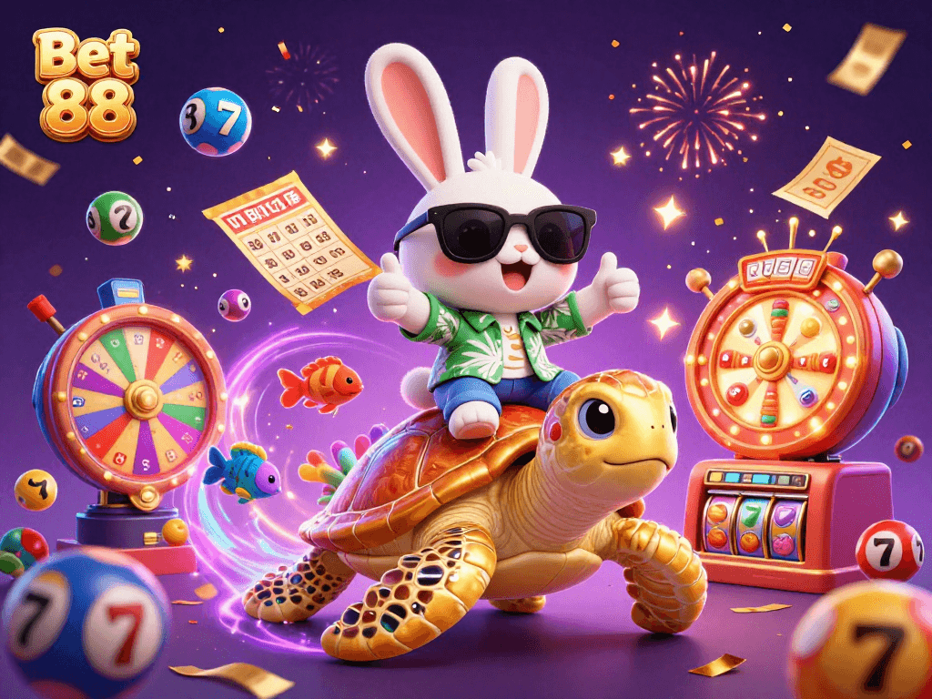 Join the fun with Bet 88, where a lucky rabbit rides a golden turtle in a vibrant casino scene.