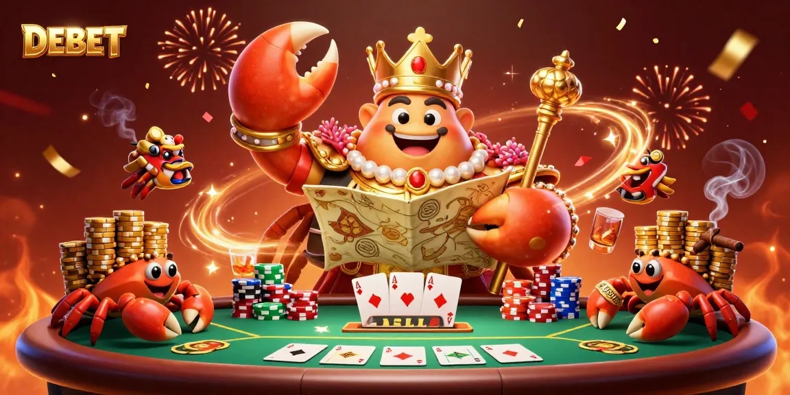 Engage with DEBET's thrilling poker scene featuring a majestic golden crab emperor amidst vibrant casino elements.
