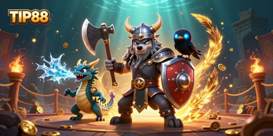 Experience the excitement of TIP88 with a Viking wolf warrior, fierce dragon, and vibrant casino elements.