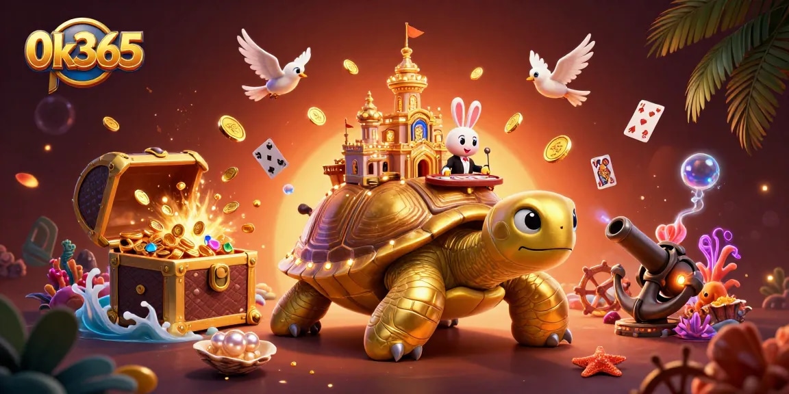 Experience the thrill of 0k365 with a vibrant casino scene featuring gold coins and a rabbit dealer.