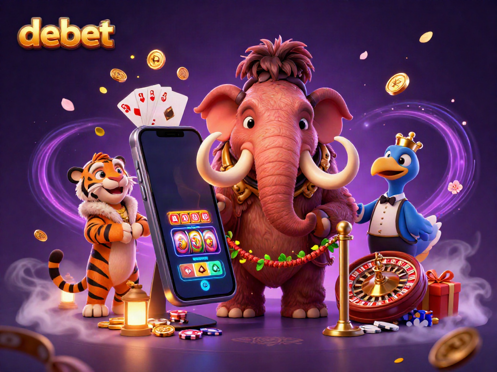 Experience debet's thrilling gaming environment with a vibrant casino scene featuring colorful slot games and dynamic characters.