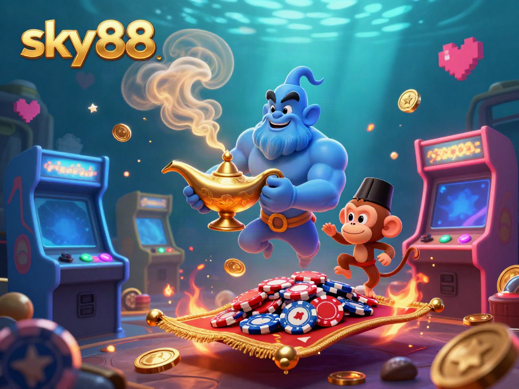 Engage with sky88's immersive gaming experience featuring a genie, monkey, and poker chips.