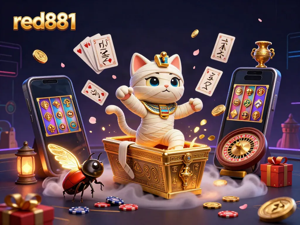 Join the excitement at red881 with a vibrant 3D scene of gaming and treasures!