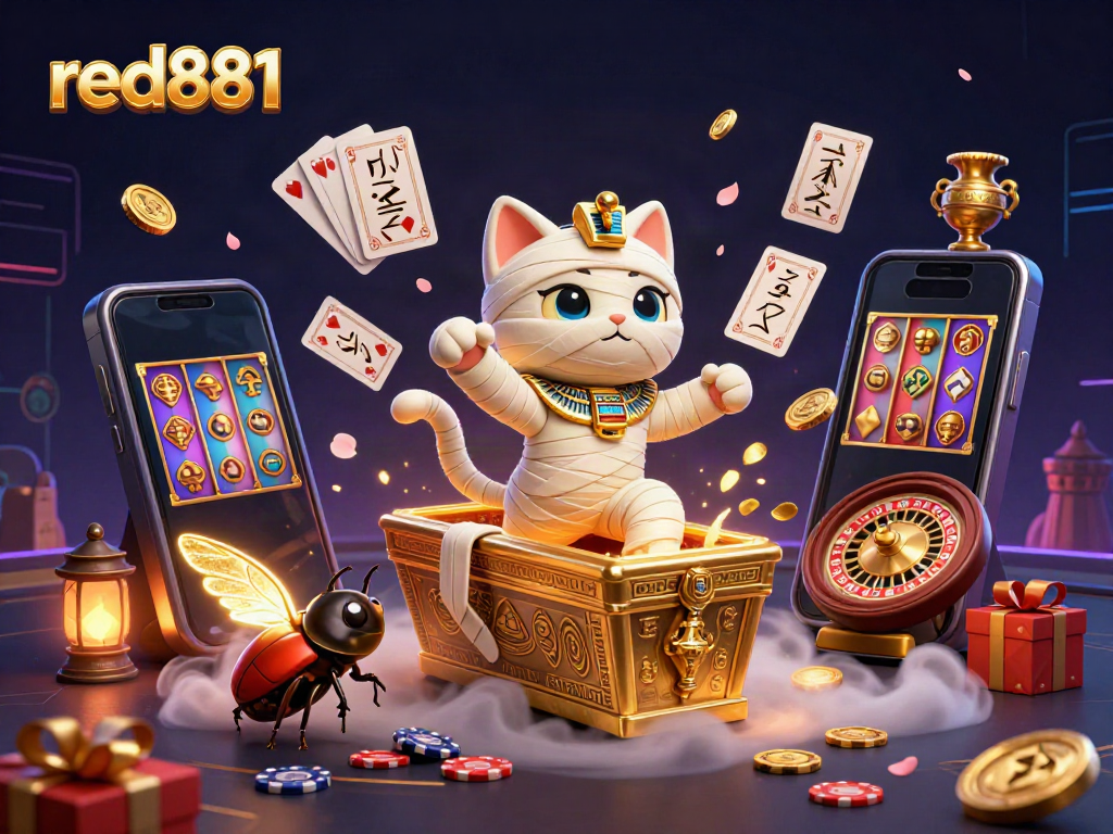 Join the excitement at red881 with a vibrant 3D scene of gaming and treasures!