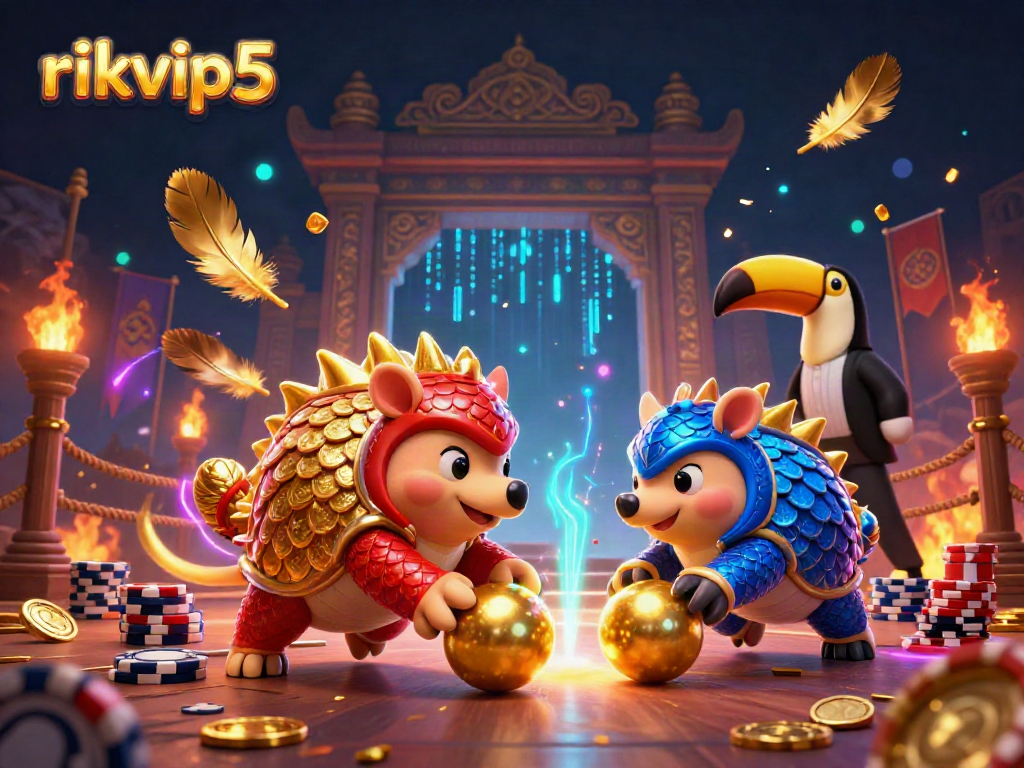 Engage in thrilling gameplay at rikvip5 with colorful pangolins bowling through poker chips in an animated casino setting.