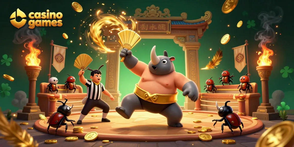 Experience thrilling casino games with animated beetle champions and festive elements in vibrant 3D illustration.