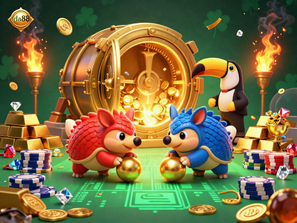 Experience the excitement at da88 with rival pangolins rolling through gold chips in a vibrant casino scene.