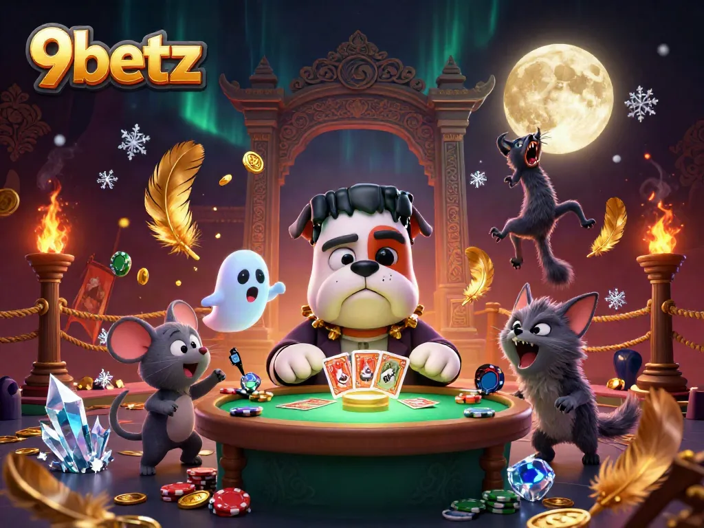 Watch the 9betz mascot, a quirky bulldog, dealing cards at a colorful casino scene filled with ghostly elements.