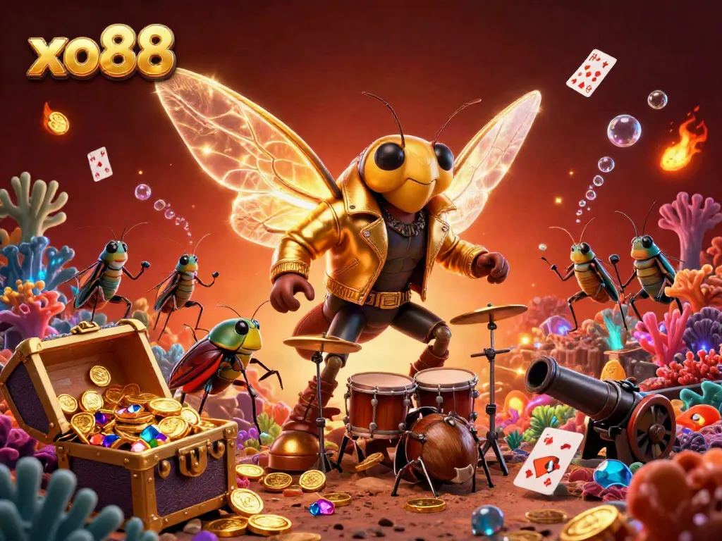 Experience the thrilling excitement of xo88 with a vibrant 3D casino scene featuring a cartoon cicada rock star and treasure.