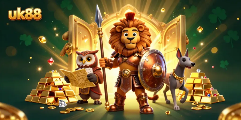 Experience the vibrant world of uk88 with a heroic Spartan lion, strategic owl, and swift greyhound in dynamic action.