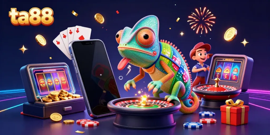 Experience the vibrant world of ta88 with a colorful chameleon casino owner surrounded by dynamic gaming elements.