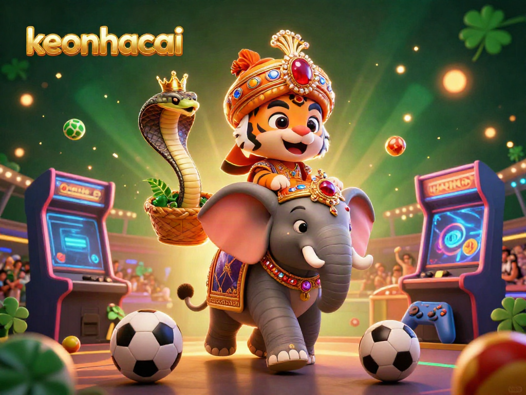 Engage in thrilling keonhacai sports betting with dynamic visuals of majestic characters playing around gem-studded elements.