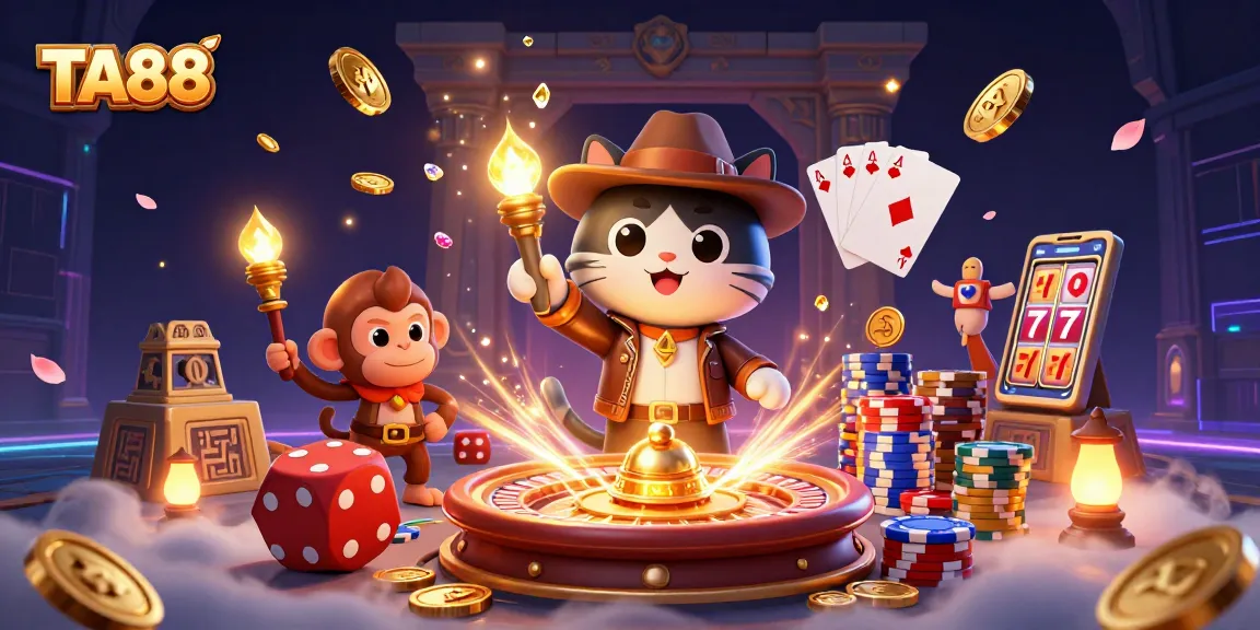 TA88 reveals a thrilling scene of an archaeologist cat with treasure and vibrant casino elements.
