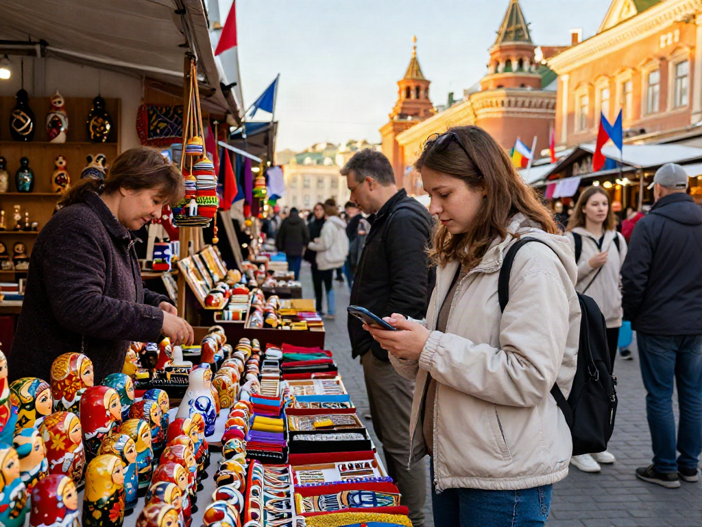 https://payinrussia.com/ ziyaret eden turistin Rus pazarında el yapımı ürünleri incelemesi.