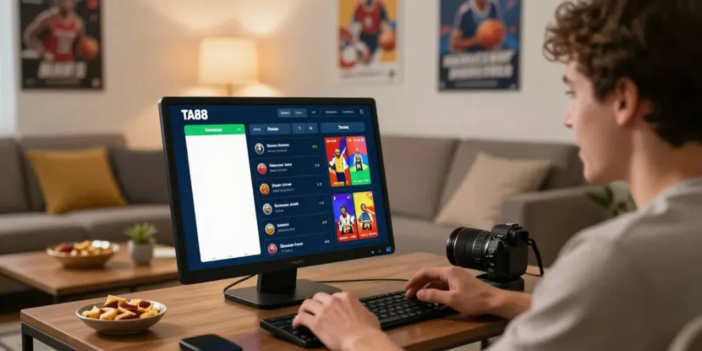 User interacting with the TA88 online gaming app in a cozy living room.