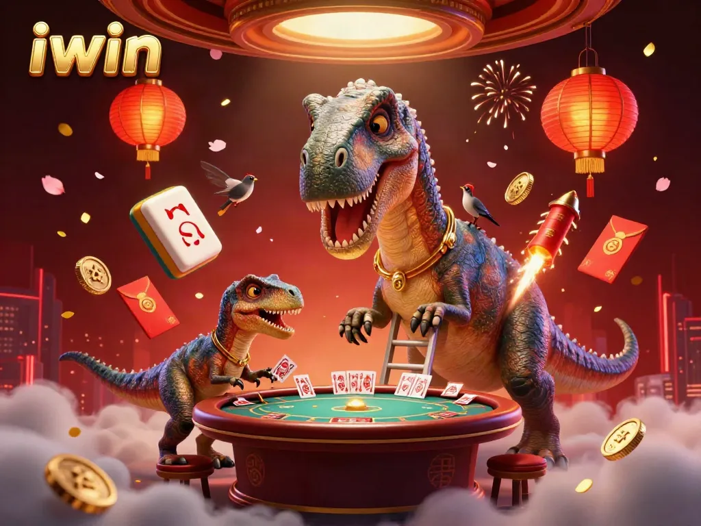 Play exciting casino games with iwin in a vibrant 3D illustration full of action-packed elements.