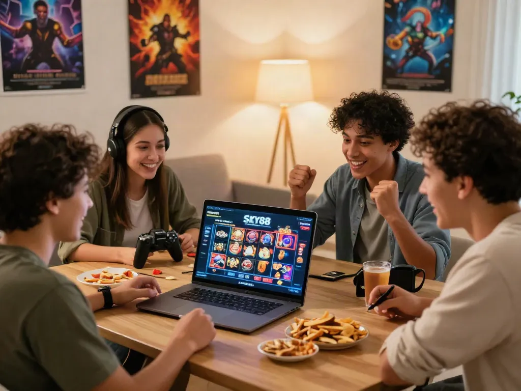 Diverse friends enjoying the SKY88 gaming experience together in a cozy living room.