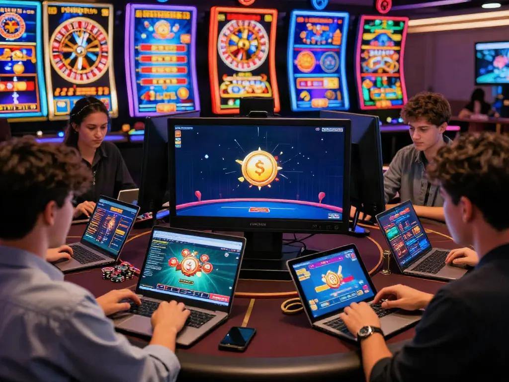 Engaging online gaming atmosphere at https://ku88v1.com/, showcasing friends playing casino games on digital devices.