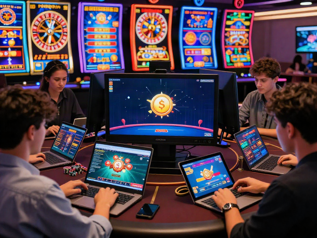 Engaging online gaming atmosphere at https://ku88v1.com/, showcasing friends playing casino games on digital devices.