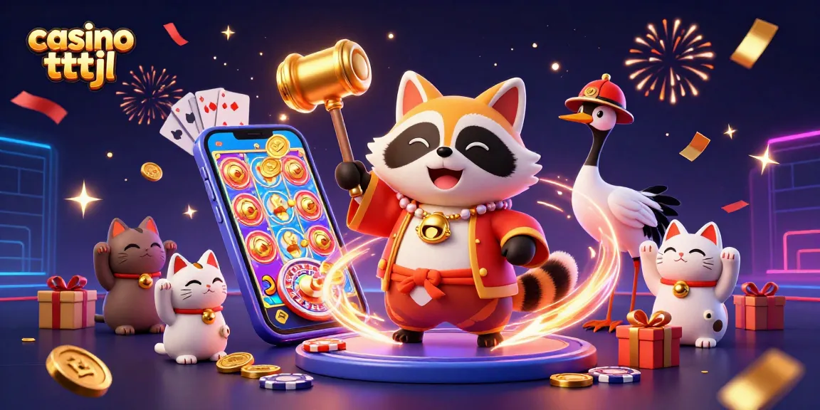 Engage with casino tttjl featuring a cheerful tanuki and festive symbols of luck and fortune.
