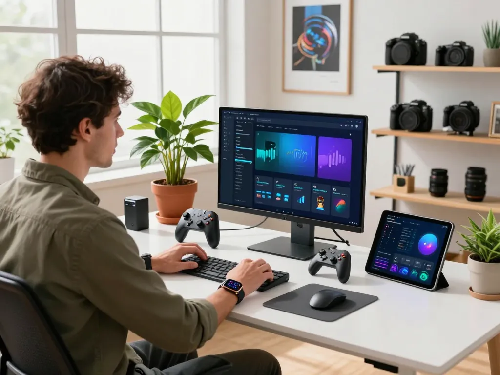 Showcasing the best tech gadgets for men in a modern workspace with Bluetooth devices and a sleek design.