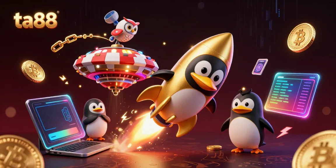 Engage with ta88 in a vibrant cosmic casino scene, showcasing a golden penguin and rich gaming elements.