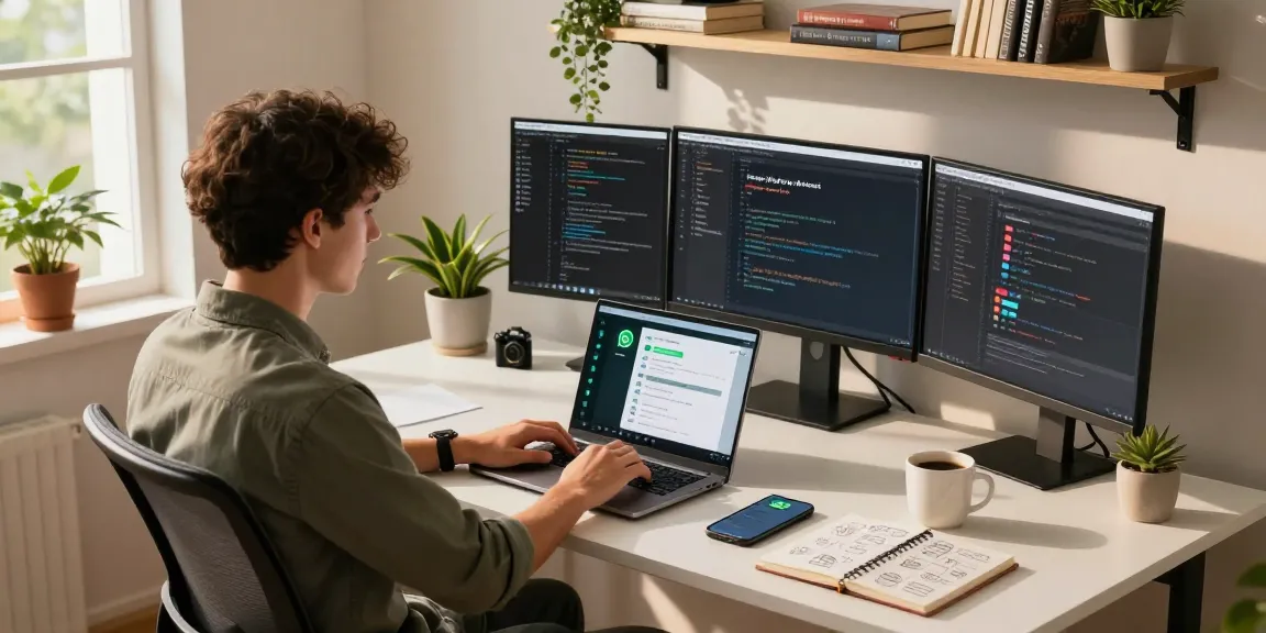 Modern home office with WhatsApp電腦版 on laptop screen and cozy workspace elements.