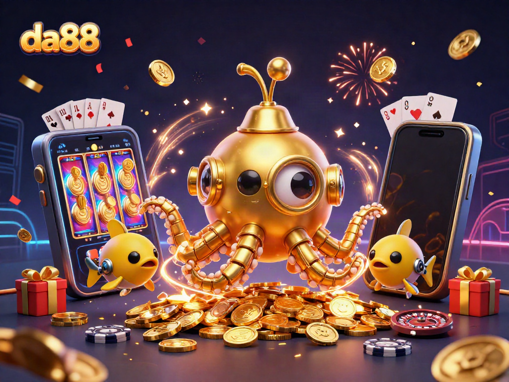 Engage with da88's thrilling gameplay showcased in a dynamic casino-themed scene, bursting with excitement.