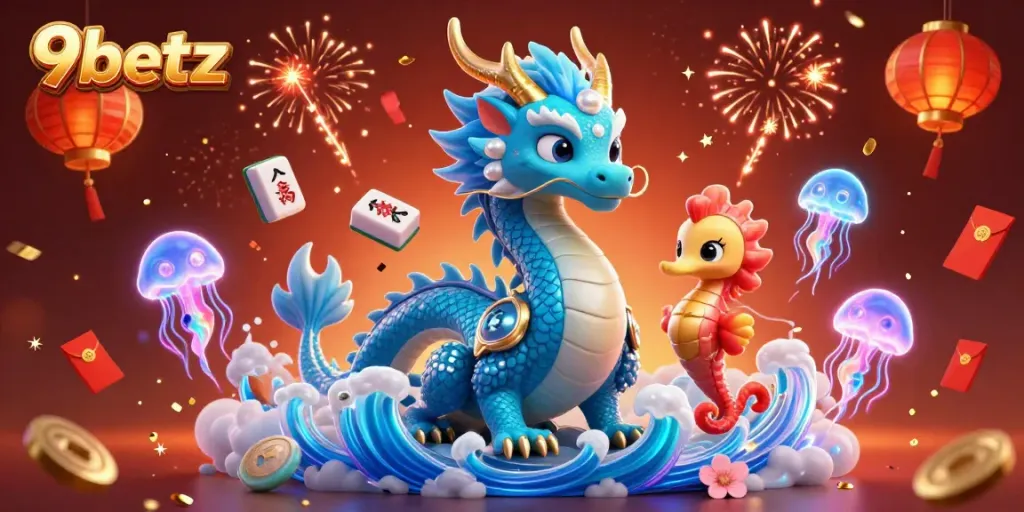 Engaging 9betz illustration showcasing a vibrant casino scene with a mythical water dragon and festive gaming elements.