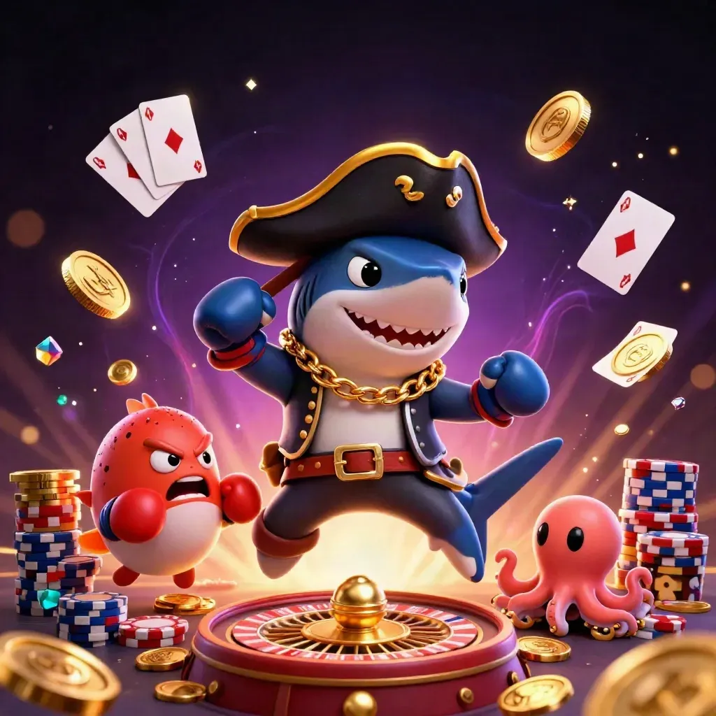 Turuncu-altın neonlarda korsan köpekbalığı, pufferfish ve ahtapotlu çarpıcı casino sahnesi