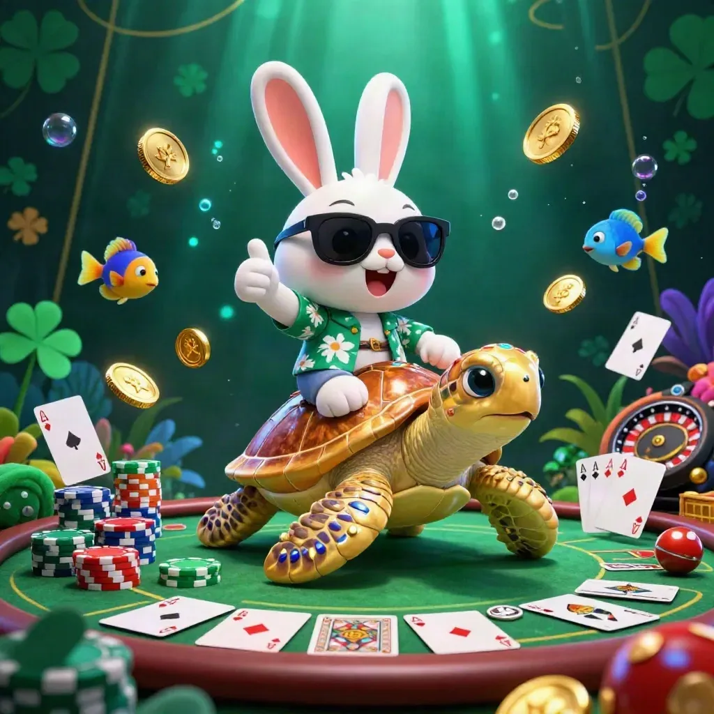 Güneş gözlüklü tavşan, altın kaplumbağa üstünde, poker fişleri ve neon dalgalar.