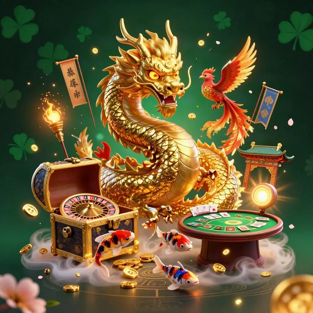 Altın ejderha, feniks ve koi balığıyla lüks casino sahnesi.