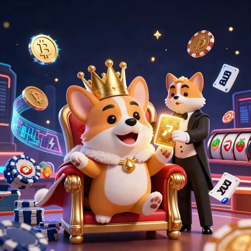 Taçlı korgi ve uşak kedi, mavi neon casinoda kartlar ve kripto paralarla patlıyor.
