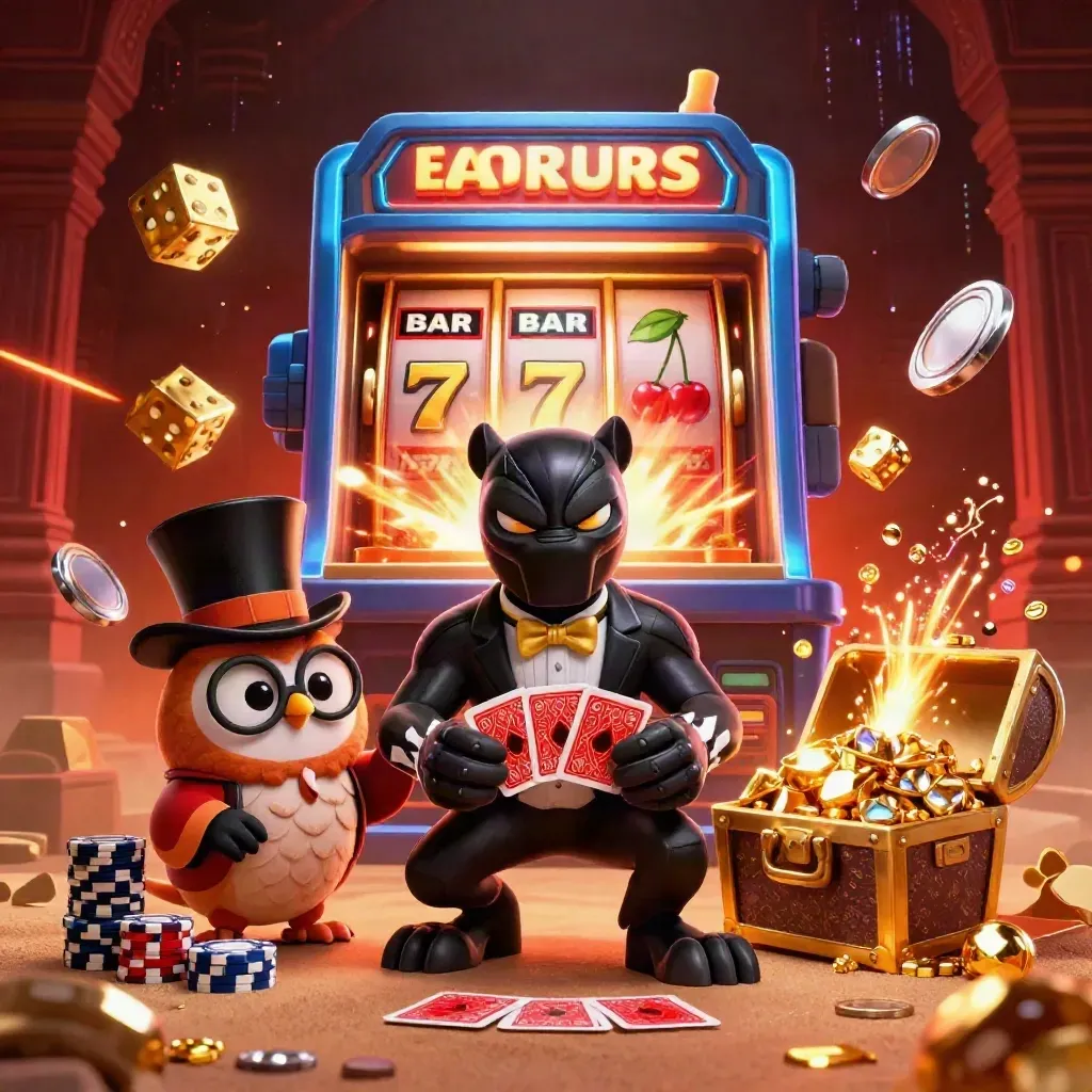 Tuxedo giyen kara panter, baykuş ve fare; patlayan slot makinesi ve altın dolu hazine.