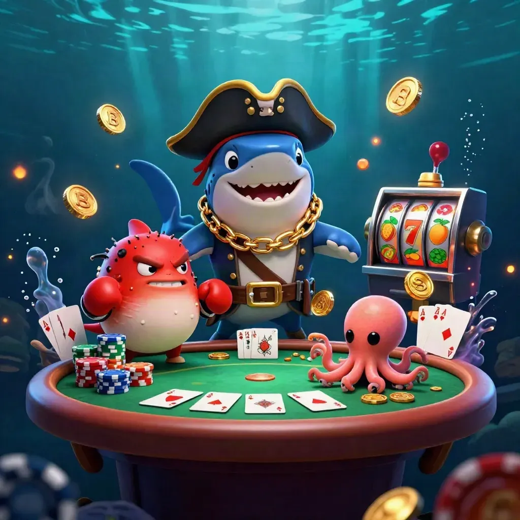 Korsan köpekbalığı, boks yapan balon balığı ve para çeviren ahtapotlu casino sahnesi
