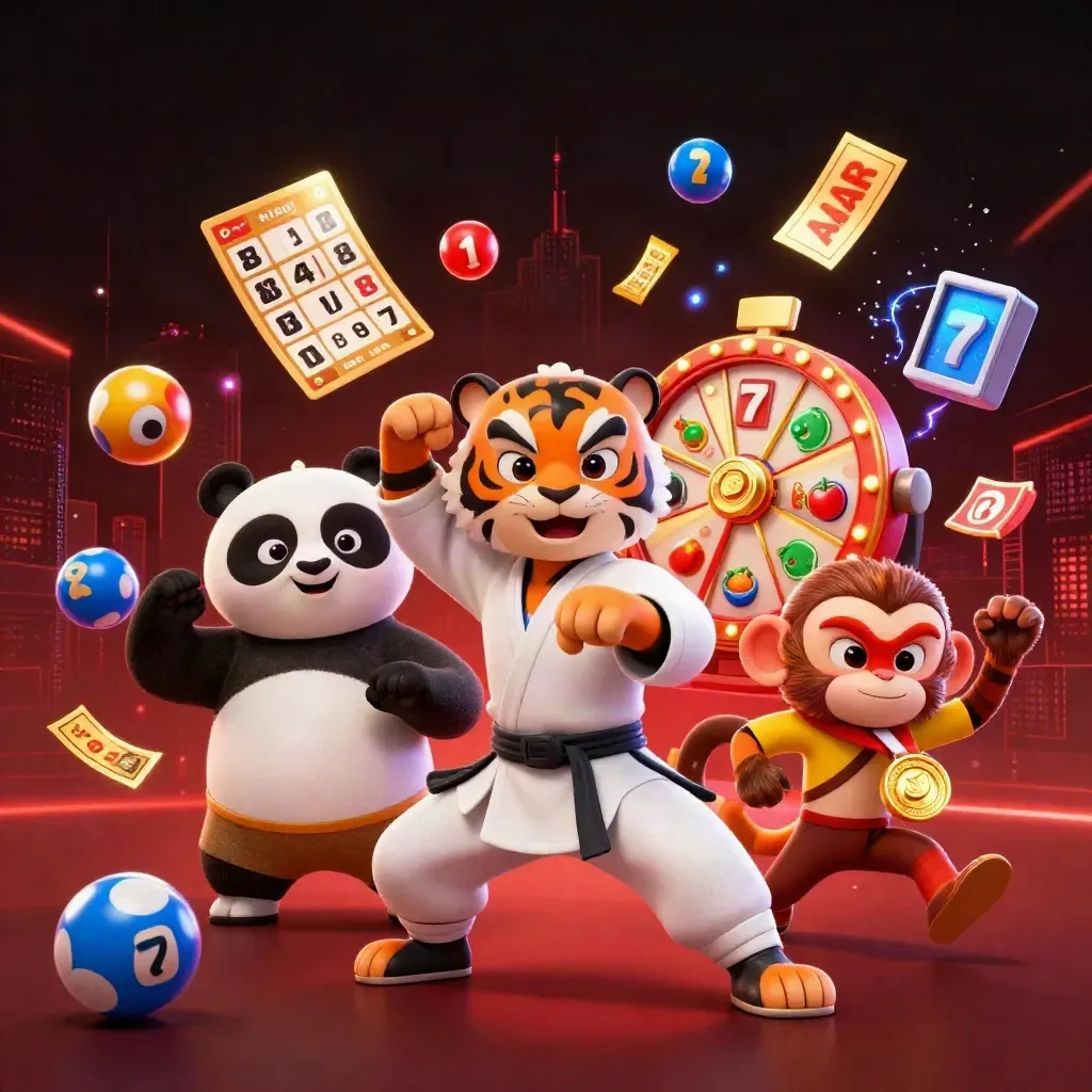 Beyaz cüppeli kaplan, panda ve maymun; çevrede çark, loto topları ve neon enerji patlıyor.