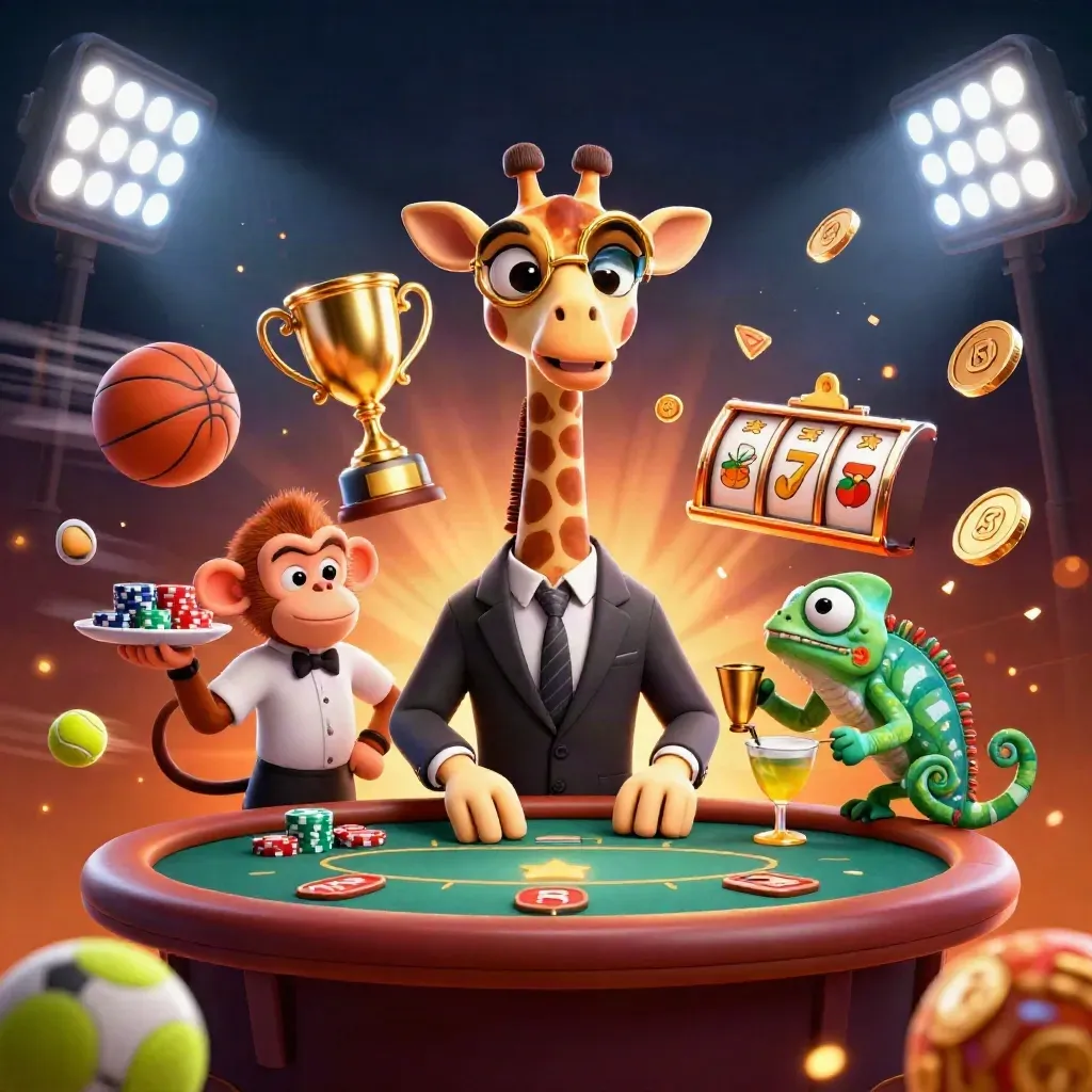 Takım elbiseli zürafa, maymun ve bukalemunlu lüks casino illüstrasyonu