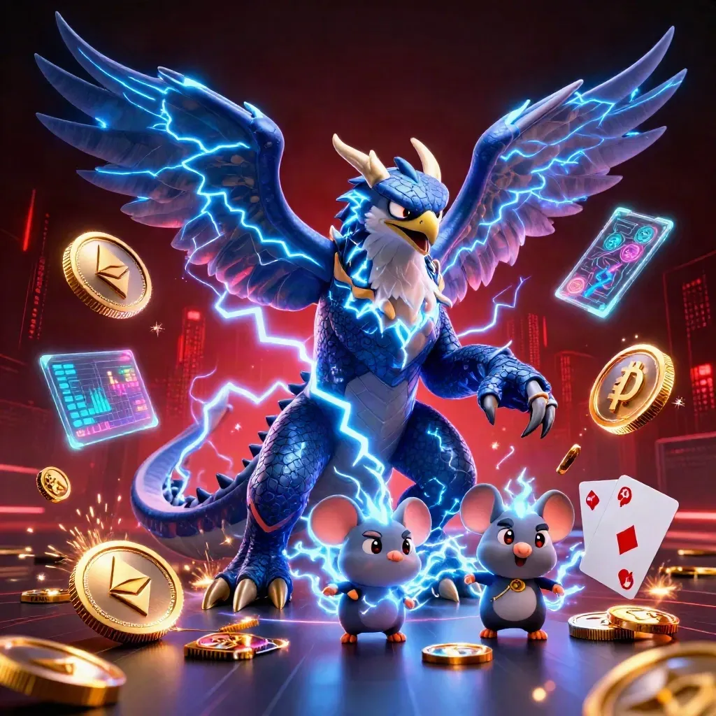 Elektrik ışıklı ejderha, şahin ve fare; kripto paralar ve neon casino efektleri.