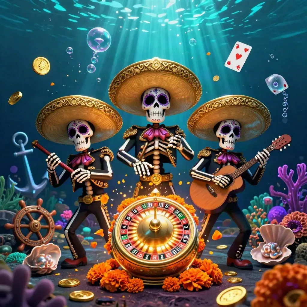 Altın şapkalı üç iskelet mariachi, sualtı hazinesi ve neon ışıklarla enerjik oyun görseli.