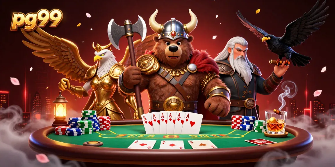 Engage in thrilling poker gameplay at pg99 with a vivid 3D casino scene depicting a Viking bear and Valkyrie.