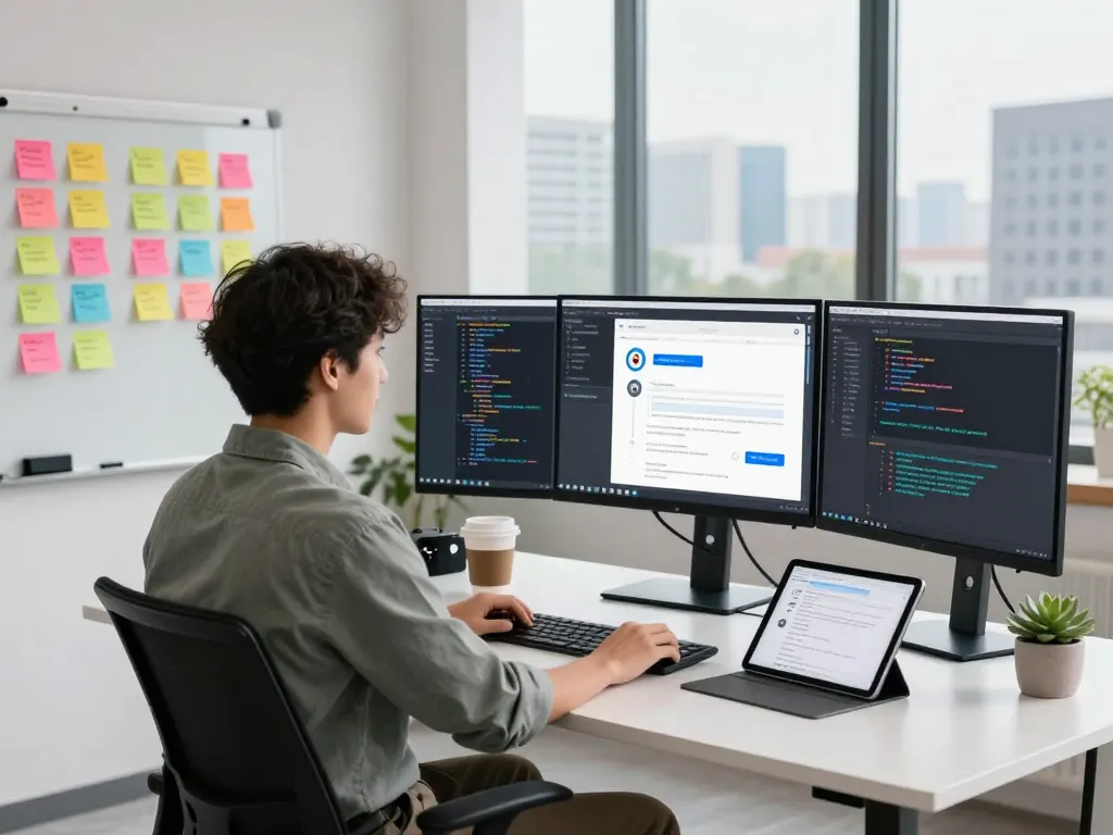 Dynamic workspace with developer coding spicy ai chatbot, showcasing innovation and creativity in tech.