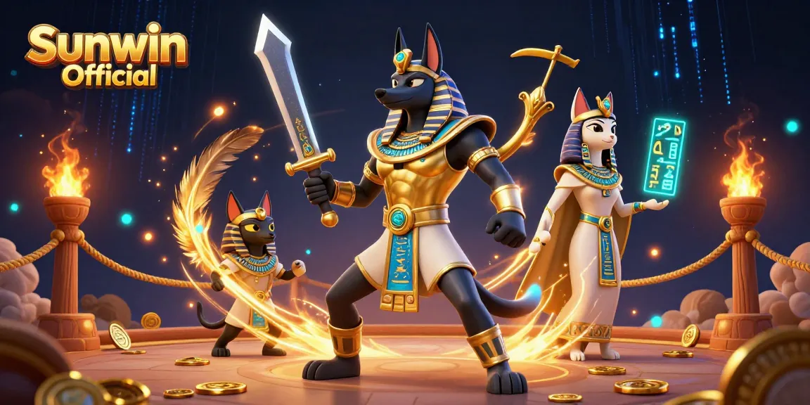 Experience thrilling gameplay at Sunwin Official with Anubis and Bastet in a vibrant casino scene.