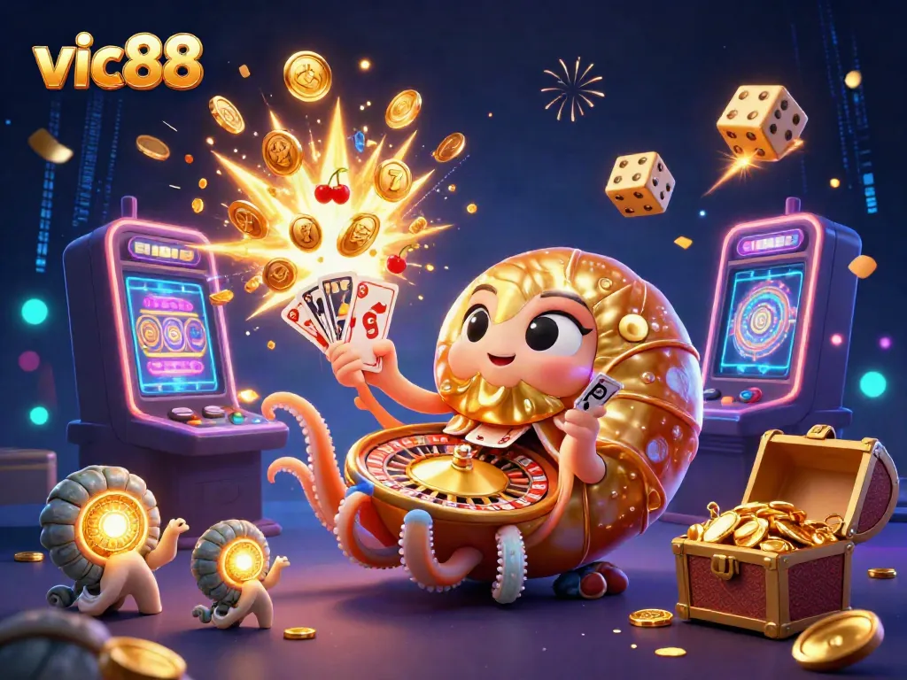 Experience thrilling gameplay with vic88 showcasing a giant nautilus roulette wheel and glowing treasures in a vibrant casino scene.