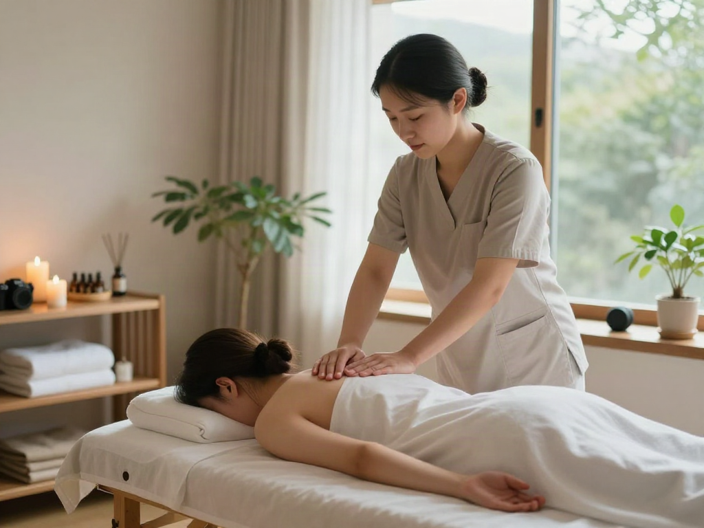 Massage therapy scene showcasing a professional providing 노원출장 services in a serene studio, highlighting relaxation and wellness elements.