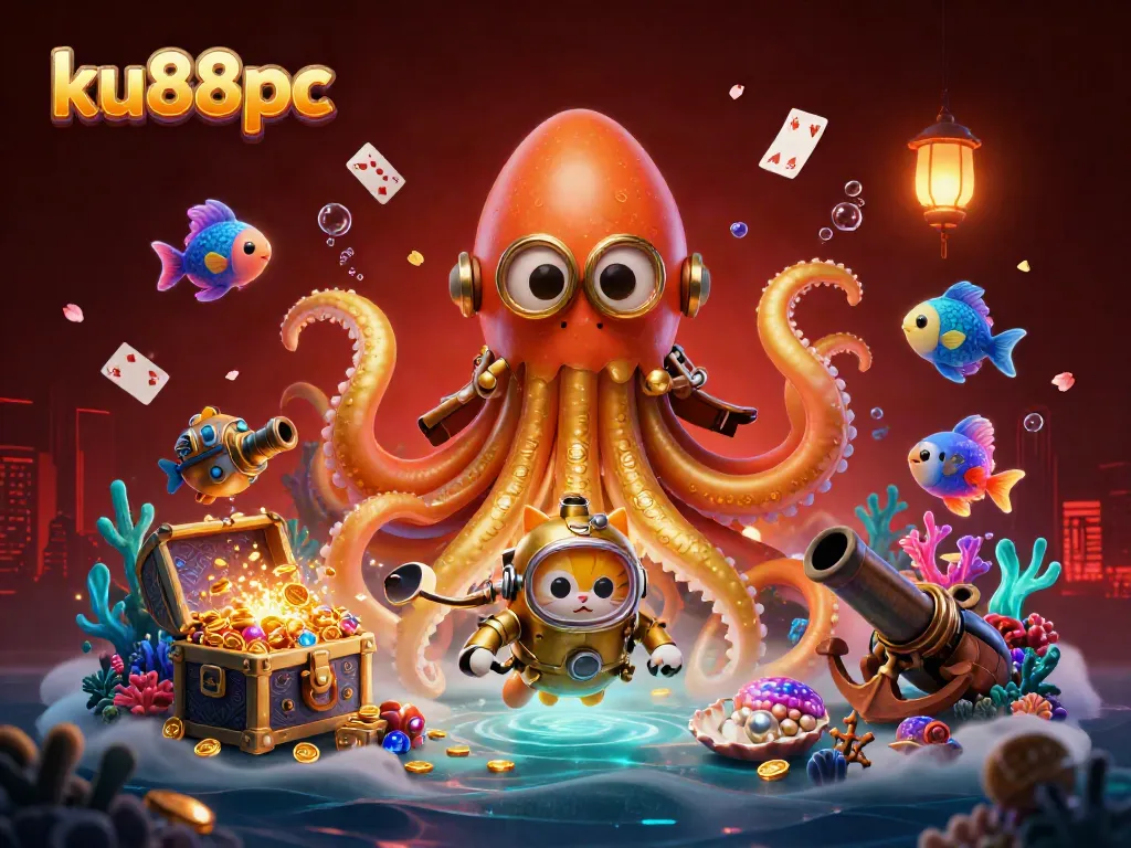 Experience the excitement of ku88pc with a vibrant 3D illustration showcasing a kraken, diving cat, and treasure.