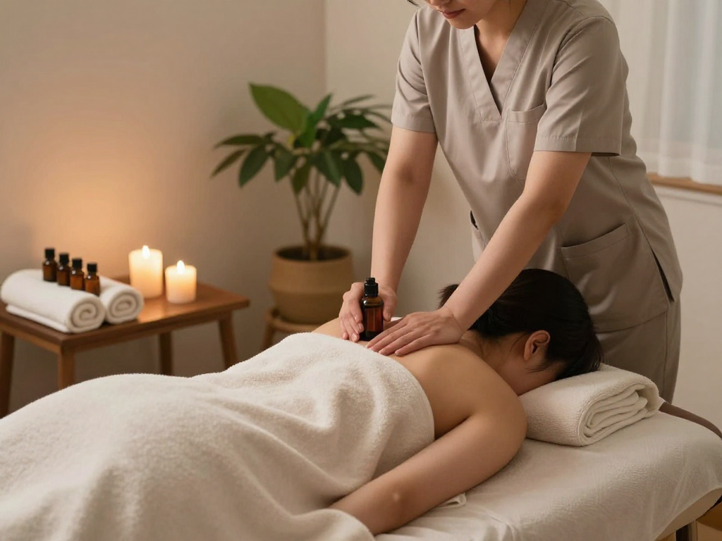 Indulging in an 인천출장마사지 at home, showcasing a peaceful massage environment with soothing aromas.